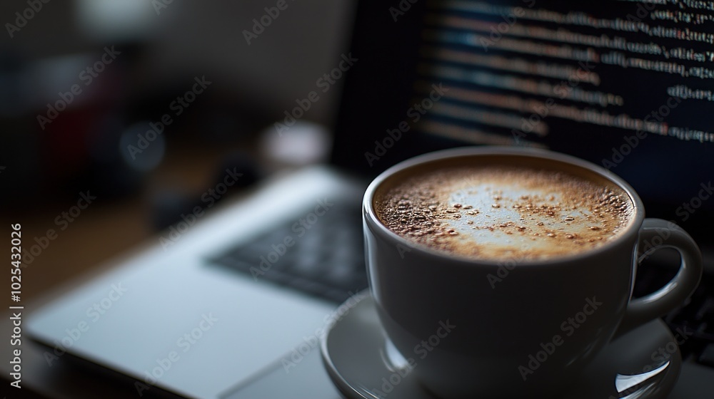 Aufkleber a cup of coffee sits on a desk in front of a laptop computer with code displayed on the screen.