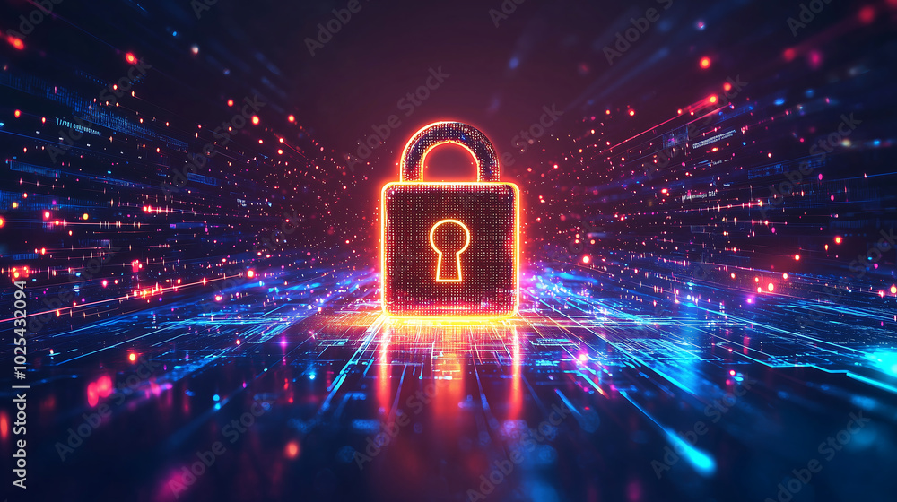Aufkleber futuristic glowing neon padlock with abstract data streams in cyber environment