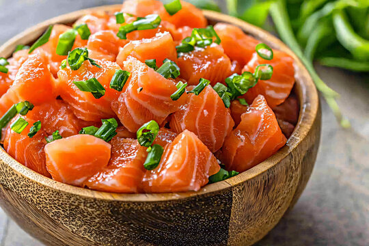 lomi lomi salmon in traditional wooden bowl, garnished with green onions