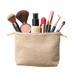 Different makeup objects in canvas bag