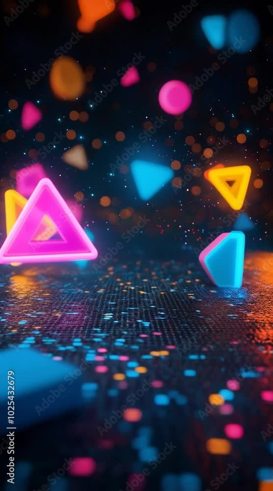 Poster colorful glowing abstract neon shapes and triangles floating in dark sparkling background