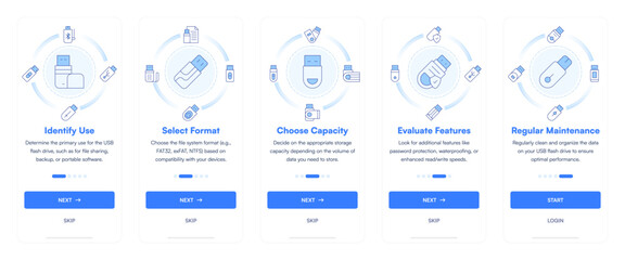 Usb flash drive Onboarding Screen Mobile Application. Identify Use, Select Format, Choose Capacity, Evaluate Features, Regular Maintenance
