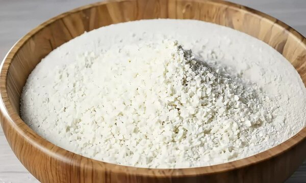 Discover versatile food additive Glucono Delta Lactone commonly known GDL presented inwooden bowl aspure odorless crystalline powder serves acidity regulator culinary applications white wooden black
