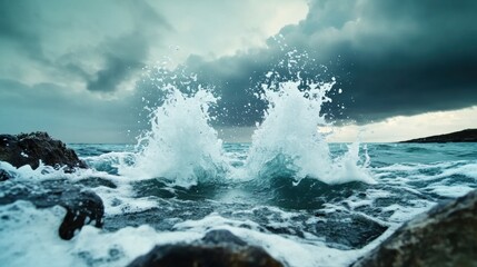Obraz premium Waves Crashing on Rocky Shore Under Dark Clouds