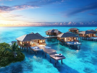 Overwater bungalows with private pools and a wooden deck overlooking a turquoise lagoon