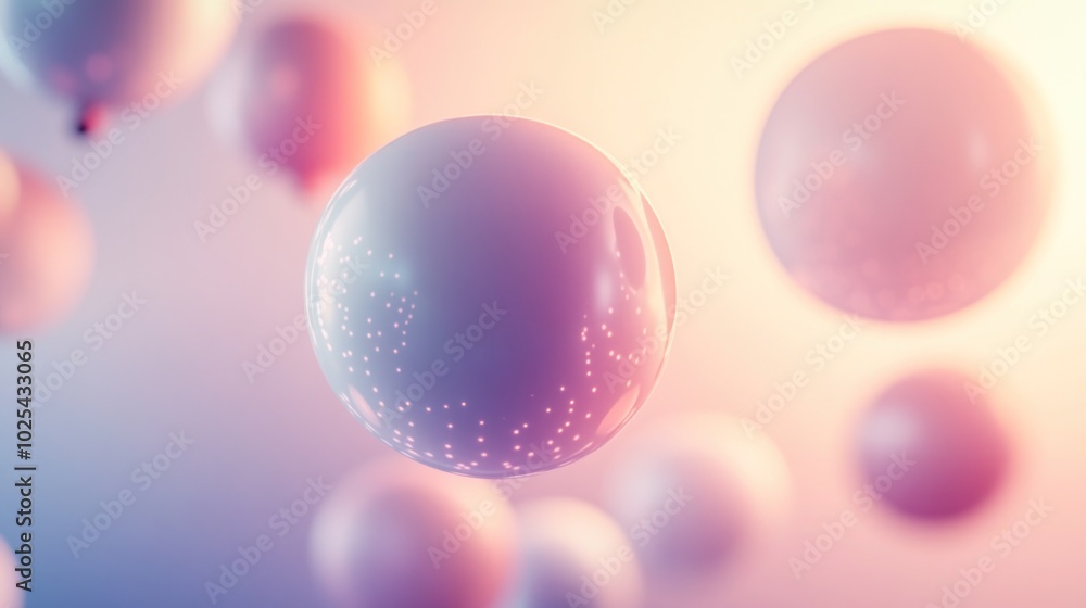 Poster abstract background with white spheres floating in a pink and orange gradient light.
