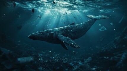 Fototapeta premium Whale Swimming Among Ocean Pollution Debris