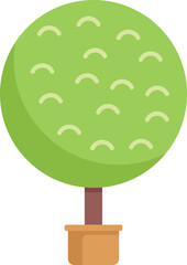 Simple flat vector illustration of a round shaped green tree growing in a pot, isolated on white background