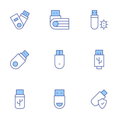 Usb flash drive icons set. Line Duotone style, editable stroke. portable storage, USB extension cable, USB stick virus