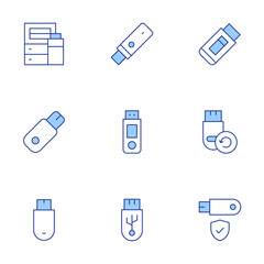 Usb flash drive icons set. Line Duotone style, editable stroke. USB port, secure USB drive, USB file system