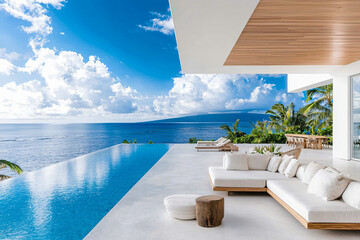 Fototapeta premium a modern Hawaiian lanai with expansive ocean view, blending indoor-outdoor living