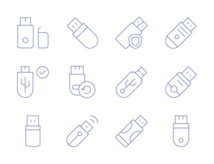 Usb flash drive icons. Thin Line style, editable stroke. thumb drive, USB OTG cable, USB partition, encryption software, USB drive benchmark