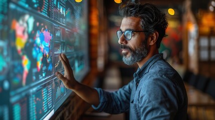 Obraz premium Businessman Analyzing Data on Interactive Wall Display