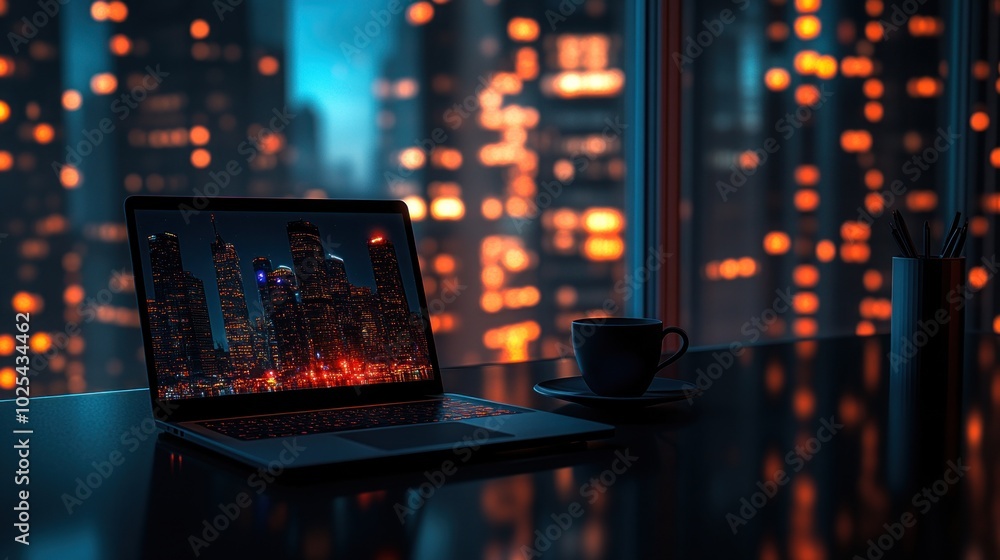 Poster a laptop computer sits on a desk with a cup of coffee in front of it. the window behind the desk sho