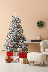 Modern interior of living room with decorated Christmas tree and gifts