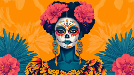 Bold La Catrina Illustration with Vibrant Makeup and Earrings for D?a de Muertos