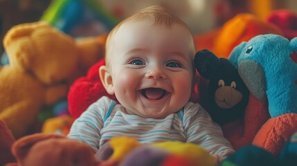 A happy baby surrounded by colorful toys, smiles with joy.