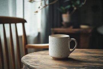 Obraz premium Rustic Wooden Table with Speckled Ceramic Mug