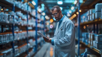 Researcher in Lab Coat Reviewing Data in Warehouse