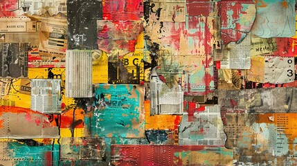 Fototapeta premium Collaged Magazine Cutouts Against Colorful Grunge Textures