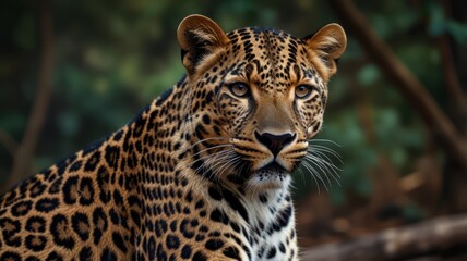 Fototapeta premium A close-up portrait of a leopard with a blurred background of green foliage. The leopard's eyes are sharp and focused, giving a sense of wildness and strength. The image is captured at eye level, 