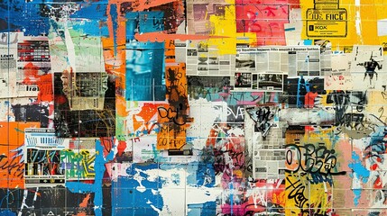 Fototapeta premium Energetic Grunge Scene Incorporating Newspaper Clippings