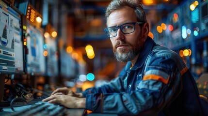 Focused Engineer in Control Room with Monitors