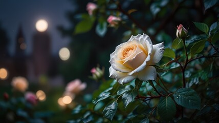 A single, delicate white rose blooms in the moonlight, surrounded by other rosebuds and greenery, with a blurred background of warm lights and buildings.