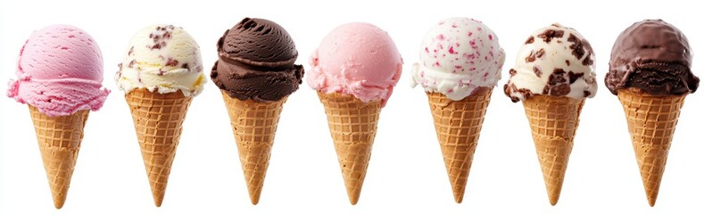 Seven Ice Cream Cones with Various Flavors and Toppings