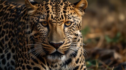 Fototapeta premium A close-up portrait of a leopard with intense golden eyes staring directly at the camera.