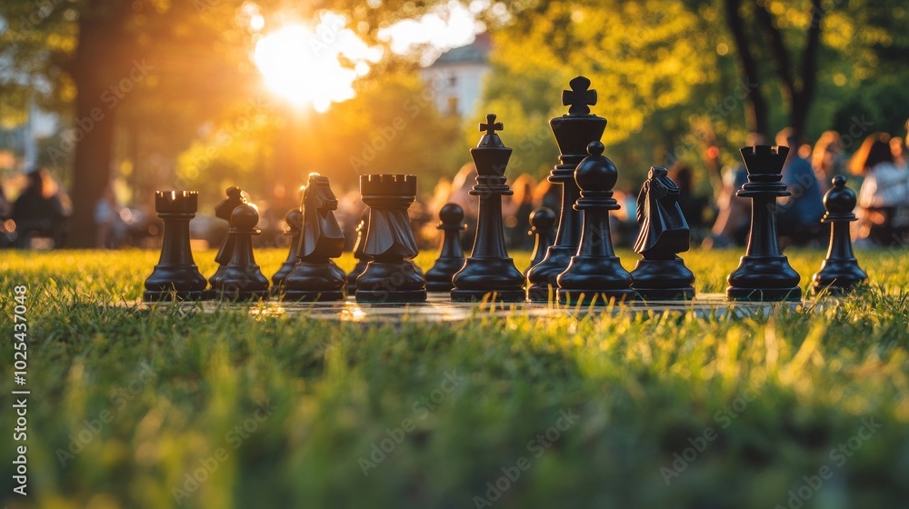 Poster a close-up view of a chessboard with black pieces set up on a grassy field with people and a sunset 