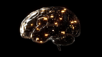 Illuminated brain model on black background.