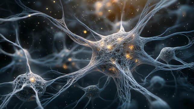 Neurons with glowing synapses in the brain.