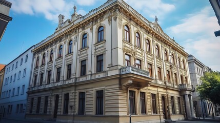 Obraz premium A majestic and historic building showcasing timeless architecture, with intricate detailing, aged stone, and grand design. This structure reflects the rich history and cultural heritage of its era,