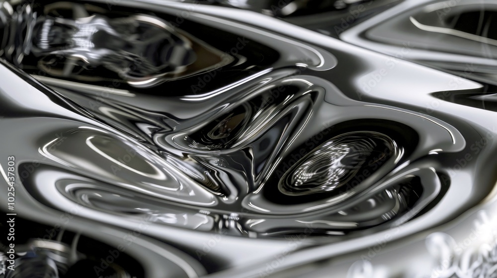 Poster abstract metallic surface with fluid-like reflections and distortions.