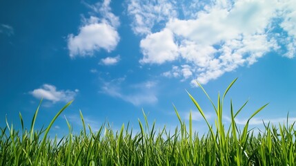 Obraz premium A serene and expansive landscape featuring a wide horizon, lush green grass, and a clear blue sky. This peaceful scene captures the simplicity and beauty of nature, with rolling fields meeting the sky
