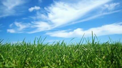 A serene and expansive landscape featuring a wide horizon, lush green grass, and a clear blue sky. This peaceful scene captures the simplicity and beauty of nature, with rolling fields meeting the sky