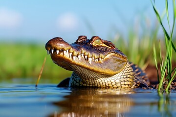 Obraz premium Crocodile resting by a pond, its tough, scaly body partially submerged in water as it basks in the warmth, with sharp teeth visible just above the surface
