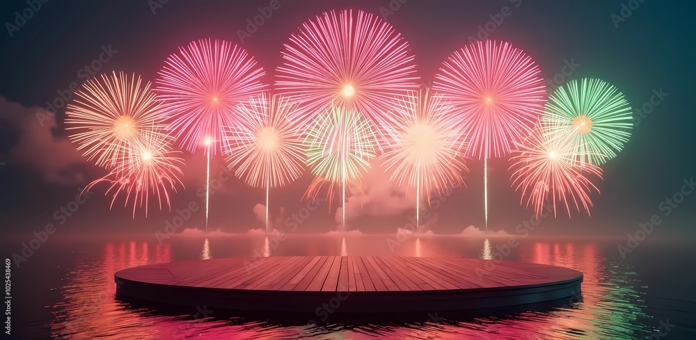 Poster empty platform amidst colorful fireworks display, generative ai