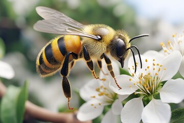 Digital 3D model of a bee hovering near a plum blossom, with lifelike details and realistic lighting creating a vivid and immersive orchard scene