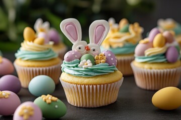 Easter-themed cupcakes on a table, with frosting shaped like bunny ears, chicks, and eggs, arranged in pastel colors, perfect for a family gathering