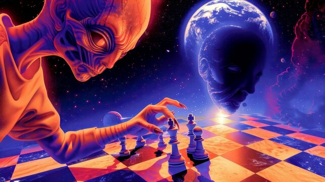 An alien figure plays chess against a cosmic backdrop, symbolizing strategy and intelligence.