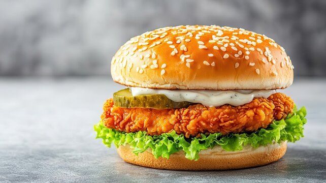 Fast food chicken sandwich with pickles and mayo, in a welllit setup emphasizing the crispy chicken and fresh bun, 3D illustration