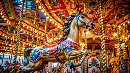 Funfair shiny horse ride at a tilted angle