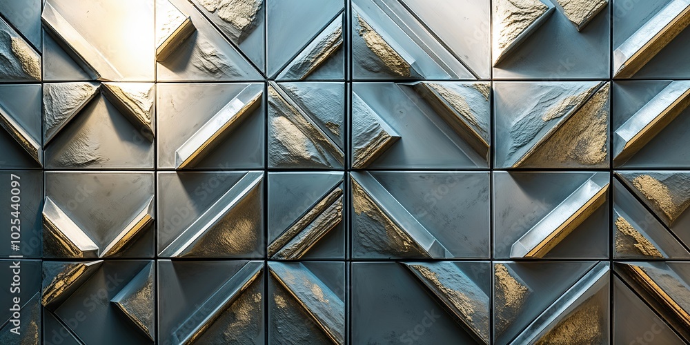 Wall mural Modern geometric tile wall with metallic and textured accents.