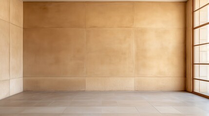 Naklejka premium Minimalist interior with warm beige stucco walls and light tiled flooring, illuminated by natural sunlight streaming through large glass windows, creating a serene and open space with earthy tones