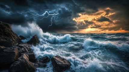 Fototapeta premium Dramatic Ocean Storm with Lightning and Waves