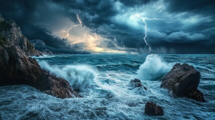 Obraz premium Stormy Sea with Dramatic Lightning and Waves