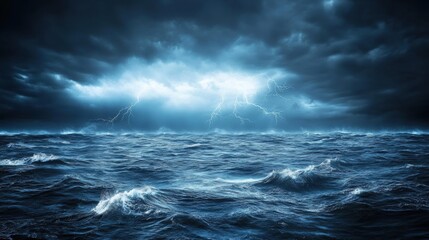 Fototapeta premium Stormy Sea with Dark Clouds and Lightning Strikes