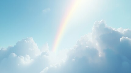 A vibrant rainbow arches through fluffy white clouds against a clear blue sky.